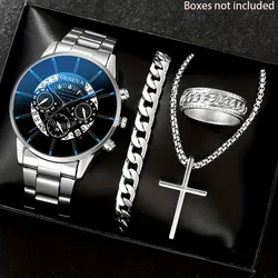 Men's 4-piece fashion set: casual quartz watch with calendar, - ideal gift set for him