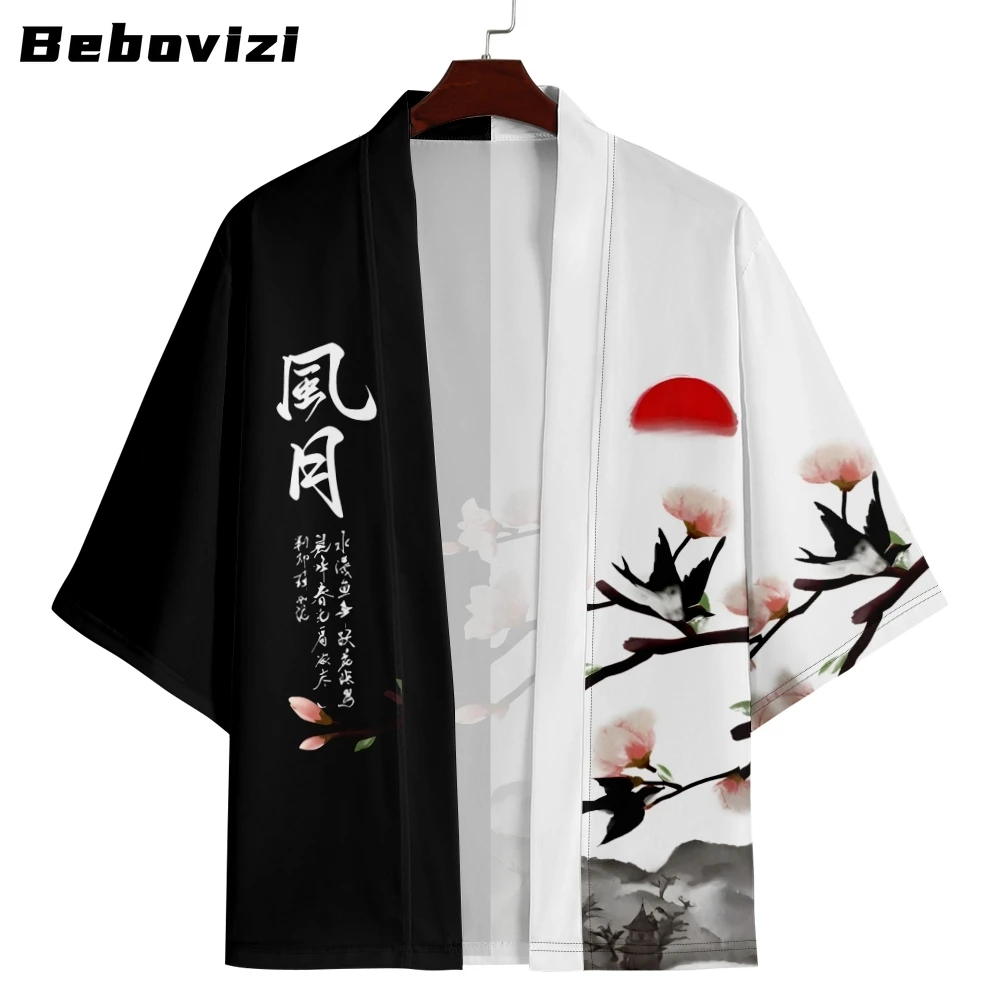

Harajuku Chinese Style Print Kimono Streetwear Men Women Cardigan Japanese Haori Yukata Beach Robe Plus Size