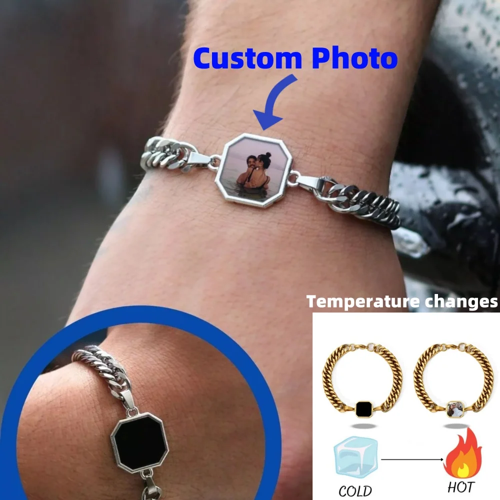 Custom Photo Heat Activated Magic Bracelet with Hidden Picture Temperature Change Magic Bracelet Geometric Cube Style Chain