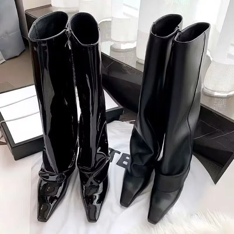 New Luxury Designer Knee High Boots Women Exquisite Square Toe Tall Tube Fashion Model Daily Street Footwear Botas Feminina