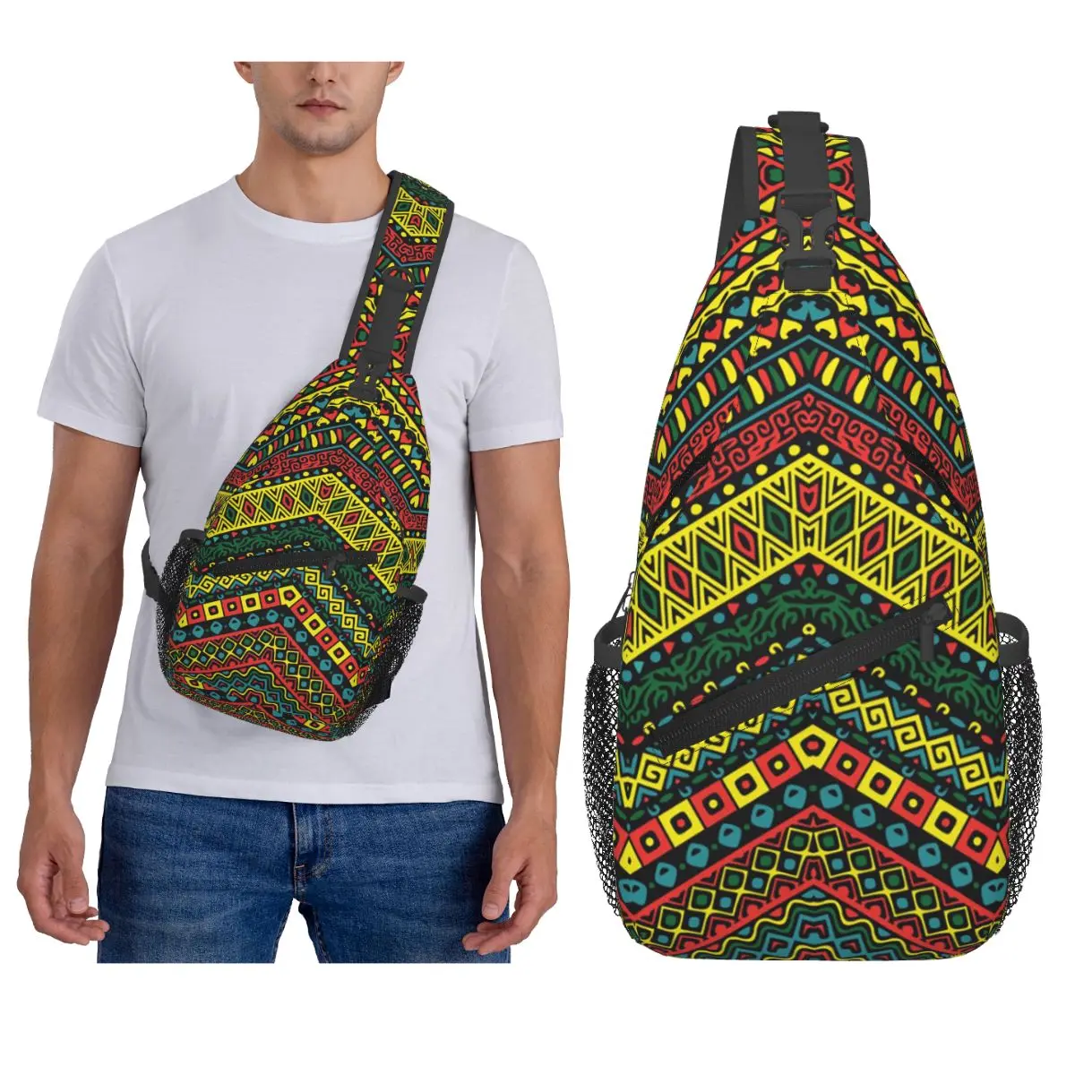 Colorful African Tribal Pattern Africa Ankara Chest Bag Men Sling Crossbody Backpack Chest Bag Traveling Daypack Shoulder Bag