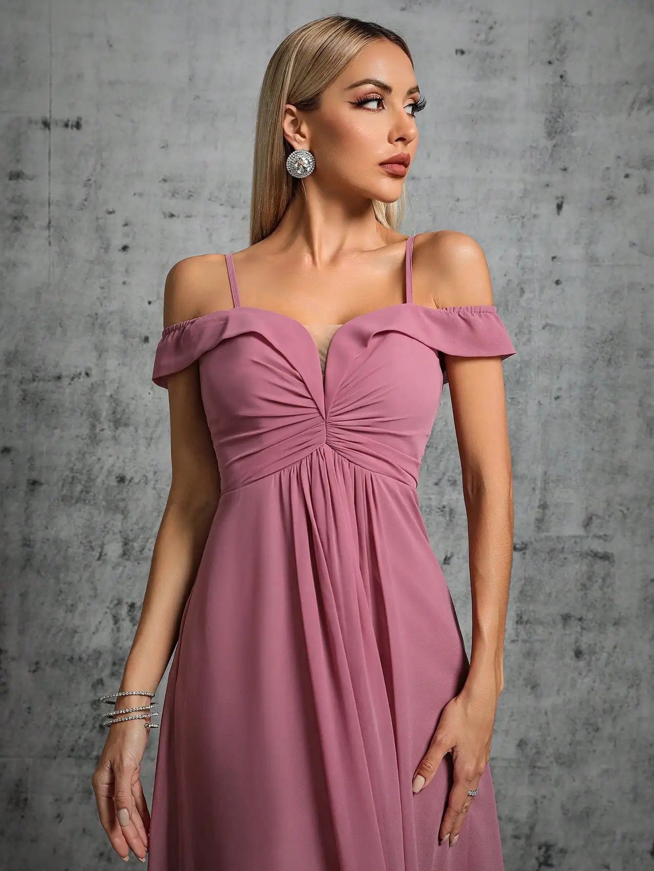 Mgiacy One-shoulder V-neck pleated chiffon long dress Evening Ball dress Party dress Bridesmaid dress