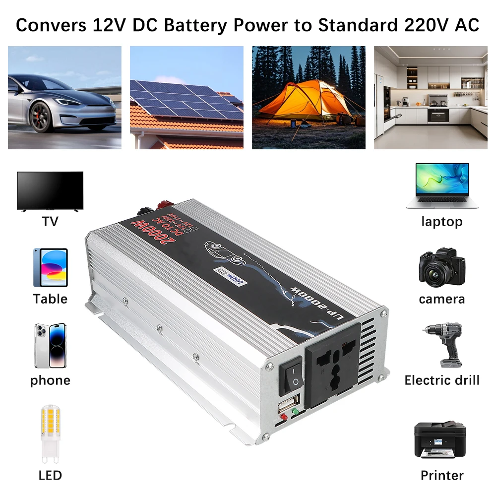 Soquete com usb dc 110v para 220v, inversor de energia para carro, 2000w, portátil, universal, montado em veículo, conversor ac doméstico, metal