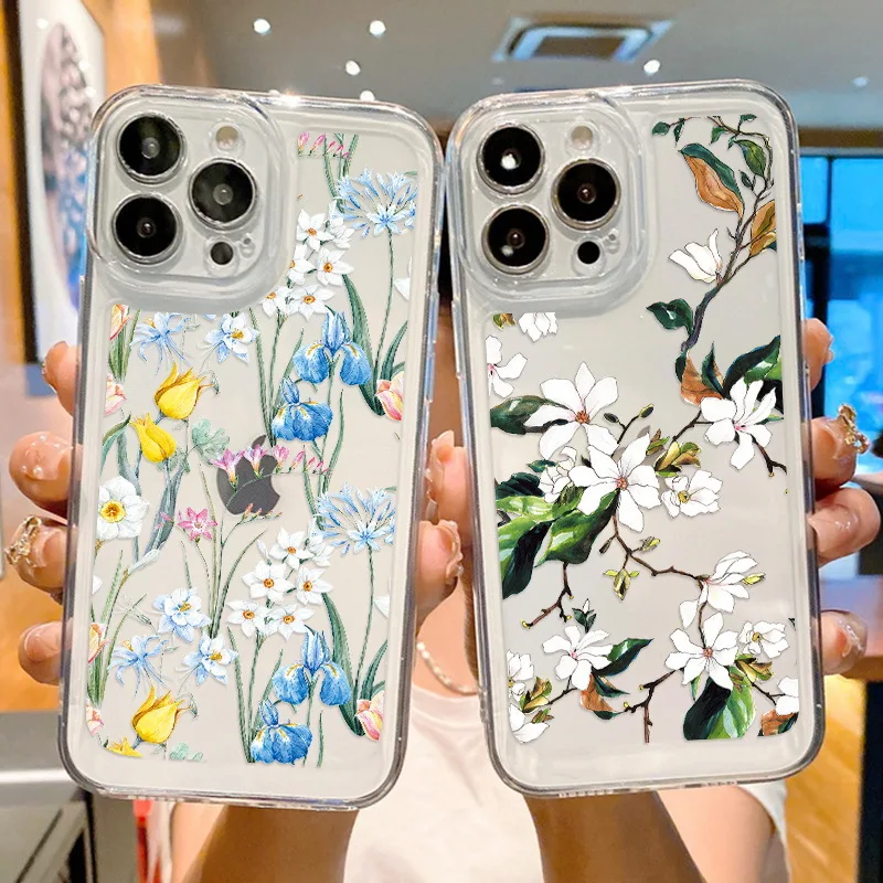 For iPhone15 Transparent flower phone case 14PRO Daisy floral protective case Apple 13 all-inclusive fall protection case