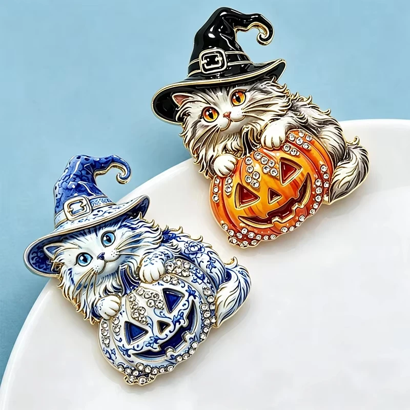 FTCY Halloween Cat Brooches For Unisex Lovely Pumpkin Wear Witch Hat Kitty Party Halloween Brooch Pins Gifts