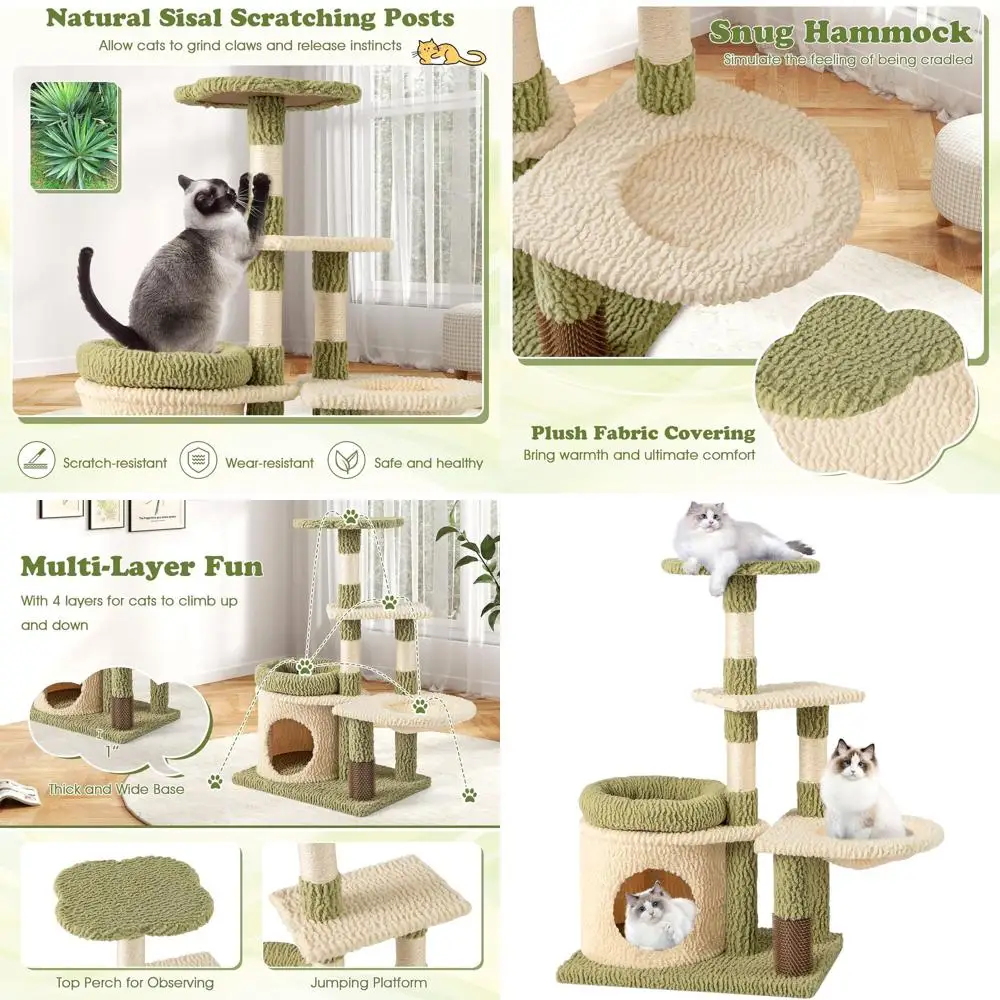 

Многоуровневая эстетичная когтеточка-башня с сизалевыми столбиками, домиком, лежанкой, подушкой, гамаком, лежанкой-гамаком и площадкой для груминга для маленьких домашних кошек