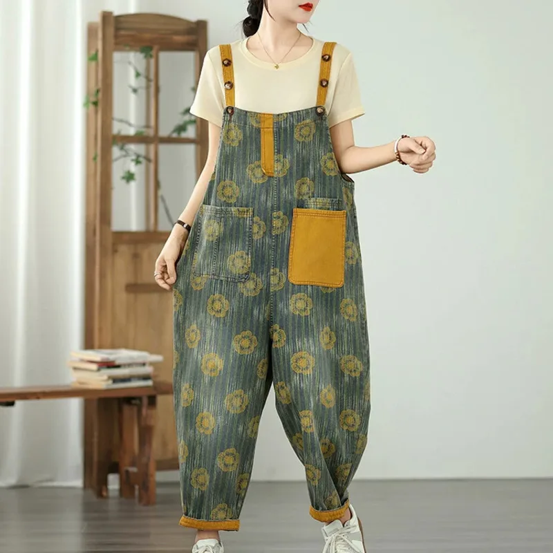 # 1426 Blumenbedruckte Denim-Jumpsuits für Damen, lockere Harem-Rompers, Vintage-Jumpsuits mit Taschen, Frühling