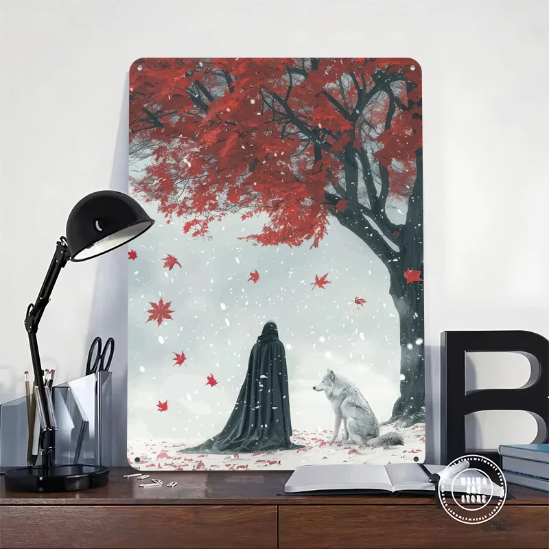 Winter Cloak and Wolf Under Red Tree Metal Poster Perfect Gift for Fans Lovers Personalized Wall Art Metal Sign for Office Decor