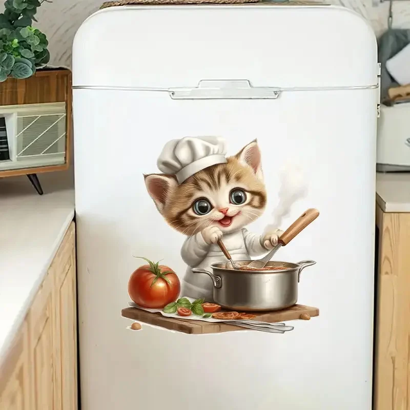 Cute Kitchen Cooking Cat Self-Adhesive Wall Decal - Removable, Reusable PVC Sticker for Kitchen & Living Room Decor