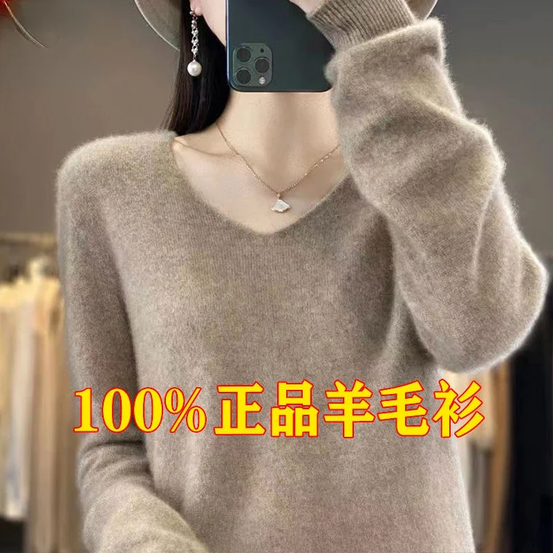 

Fashion 100% Merino Wool Women Sweater V-Neck Long Sleeve Basic Jumper Spring Autumn Winter Clothing Knitwear Tops