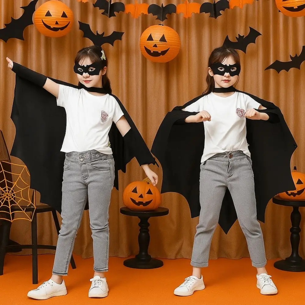 Black Cloak Halloween Bat Cloak Set Trick or Treat Eye Mask Bat Wing Cape Non-woven Children's Party Costume Stage Wear