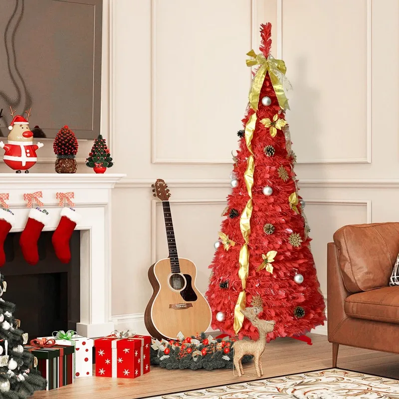 

6ft Pre-lit Pop Up Christmas Tree ，Home Holiday Party Fireplace Outdoor Decor(Red)