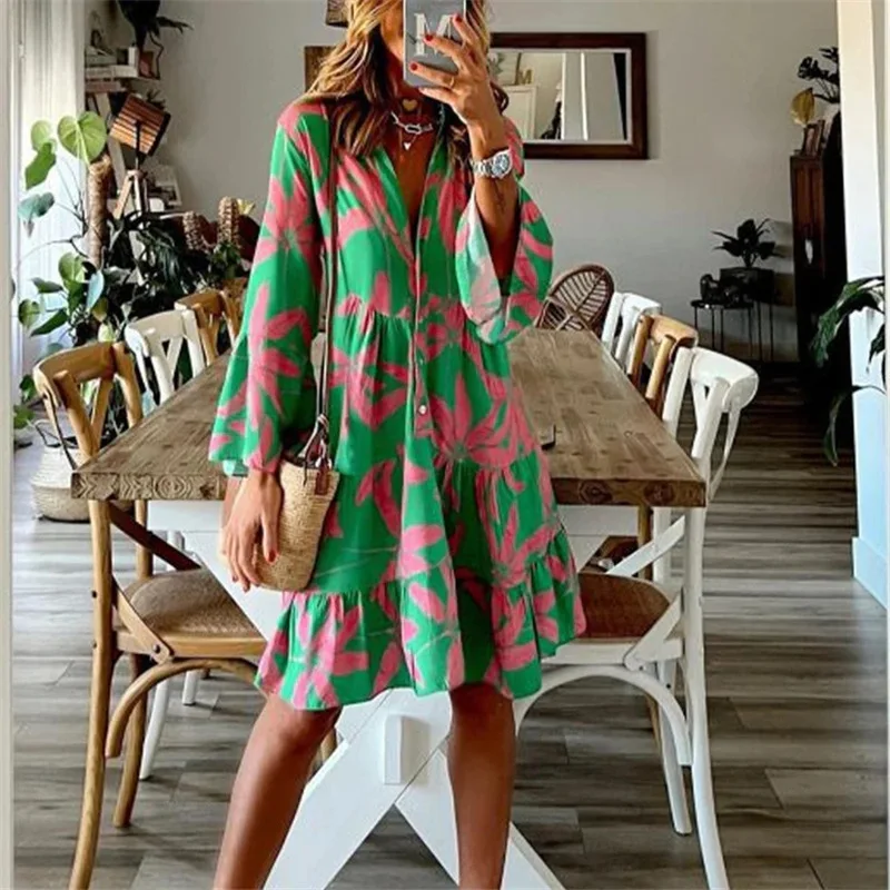 

Elegant Boho Print Dress Women V-neck Flare Sleeve Casual Loose A-line Dress 2023 Spring Ladies Vacation Shirt Dresses Vestidos