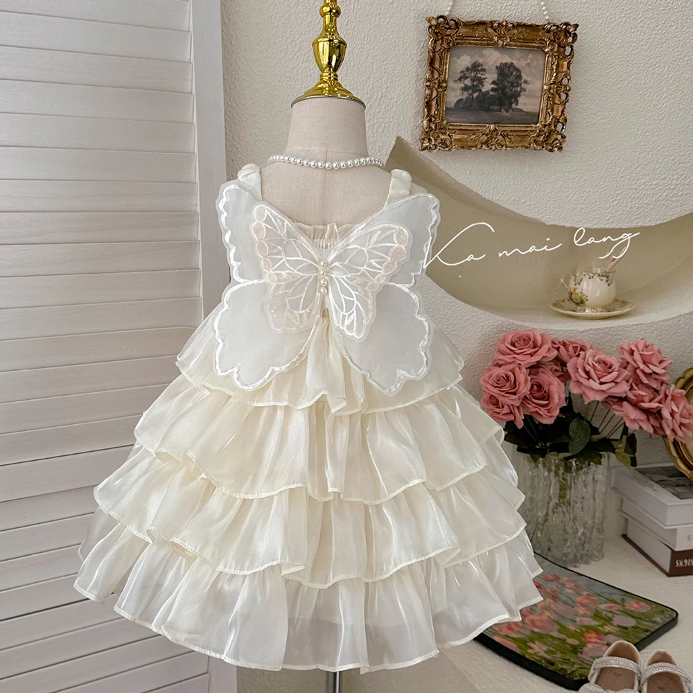 Flower Girls Dress 2024 Summer Girl Baby Birthday Party Butterfly Design Sleeveless Tiered Dresses Children Princess Ball Gown