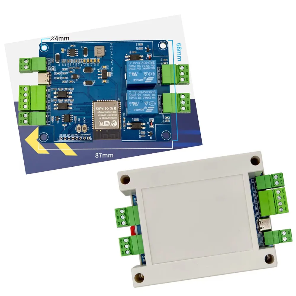 RS485 Modbus Module ESP32 2 Channel Relay 2IN 2OUT Optocoupler Isolation WiFi CH340 Type-C&7-24VDC Dual Power Supply