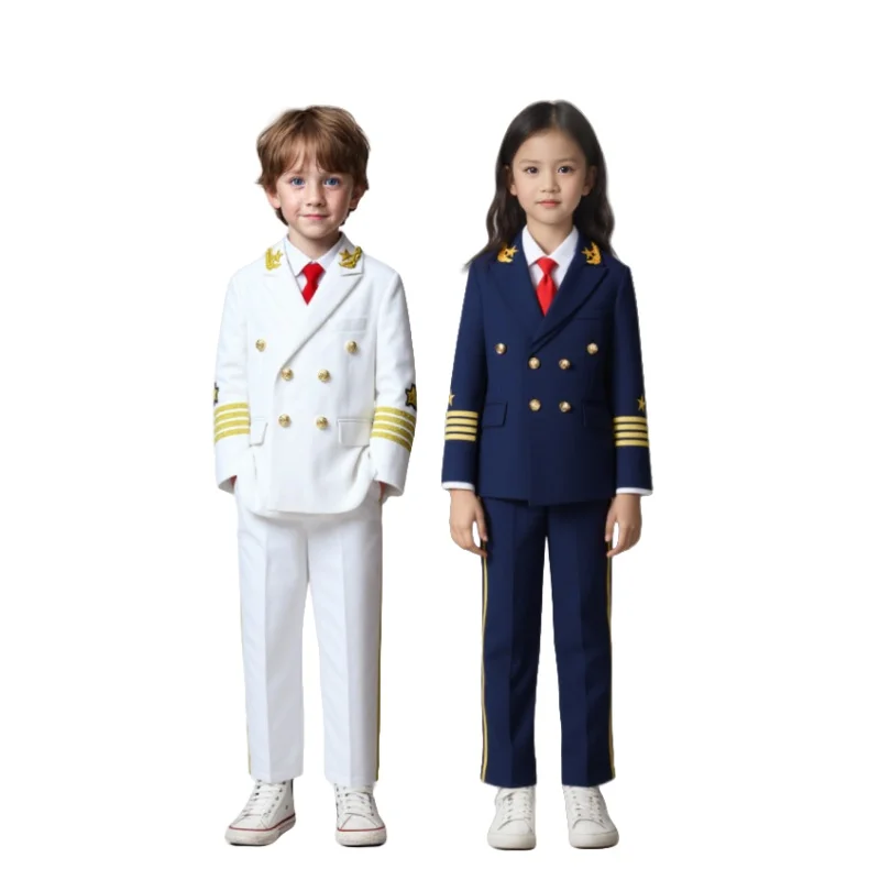 Boys Girls School Ceremony Costume Flower Boys Grils Pilot Uniform Suit Kids Formal Jakcet Pants Tuxedo Wedding Dress