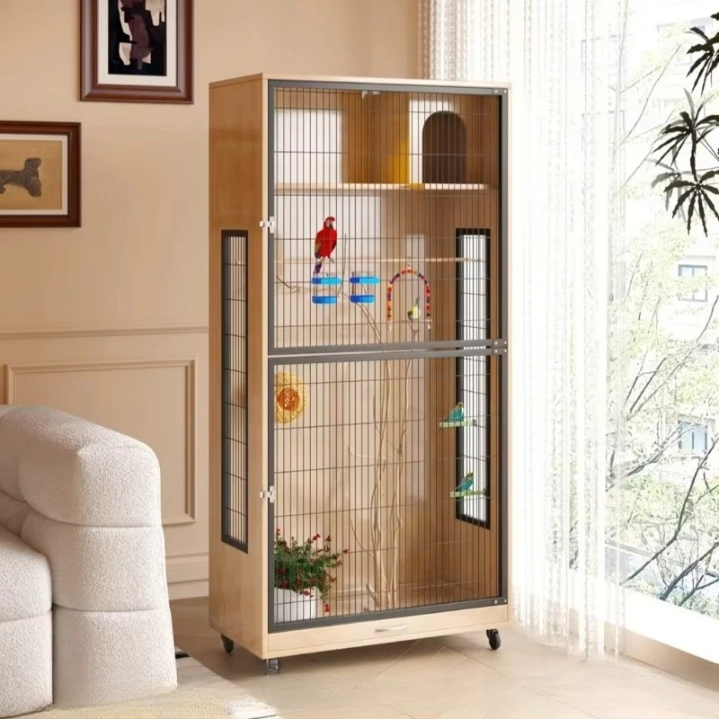 Luxury eco-friendly wooden bird breeding cage with foldable front door and tempered glass storage cabinet