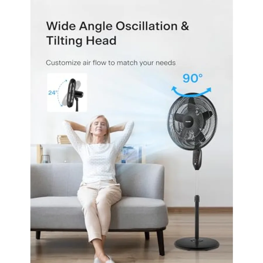 Standing pedestal fan for home/office use, ABS plastic body, black color, 5-blade oscillating design with remote control, LED d