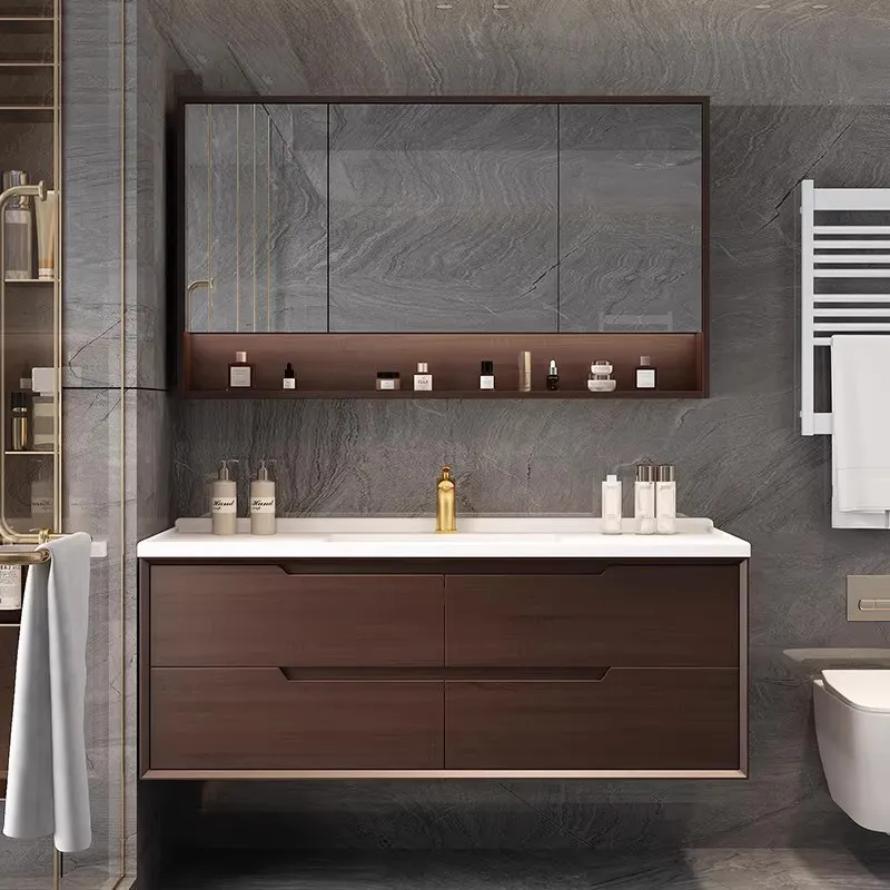 

Комбинированный шкаф для ванной из дуба, встроенный керамический умывальник, тумба для ванной из массива дерева