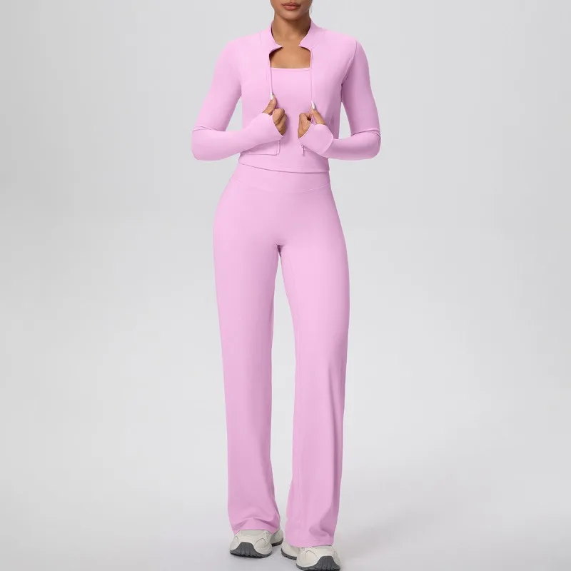 Set da yoga spazzolato da donna tinta unita gilet a forma di I ad asciugatura rapida gamba larga set sportivo in tre pezzi set da corsa fitness