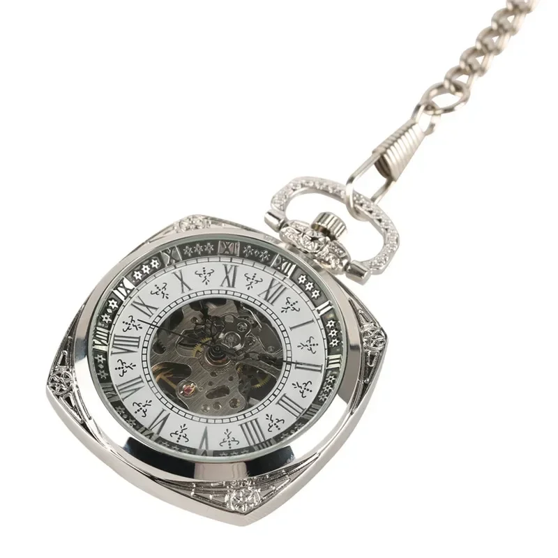 Silver Men Women Hand-winding Mechanical Square Case Pocket Watch Skeleton Clock Pendant Chain FOB Watches Roman Numeral