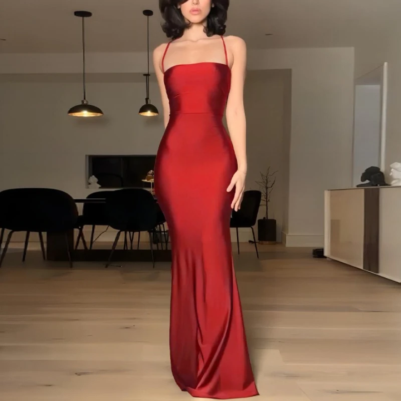 2026 Fashion Women Sexy Backess Lace-up Slim Fit Party Evening Dress Sleeveless Solid Color Elegant Halter Prom Dresses