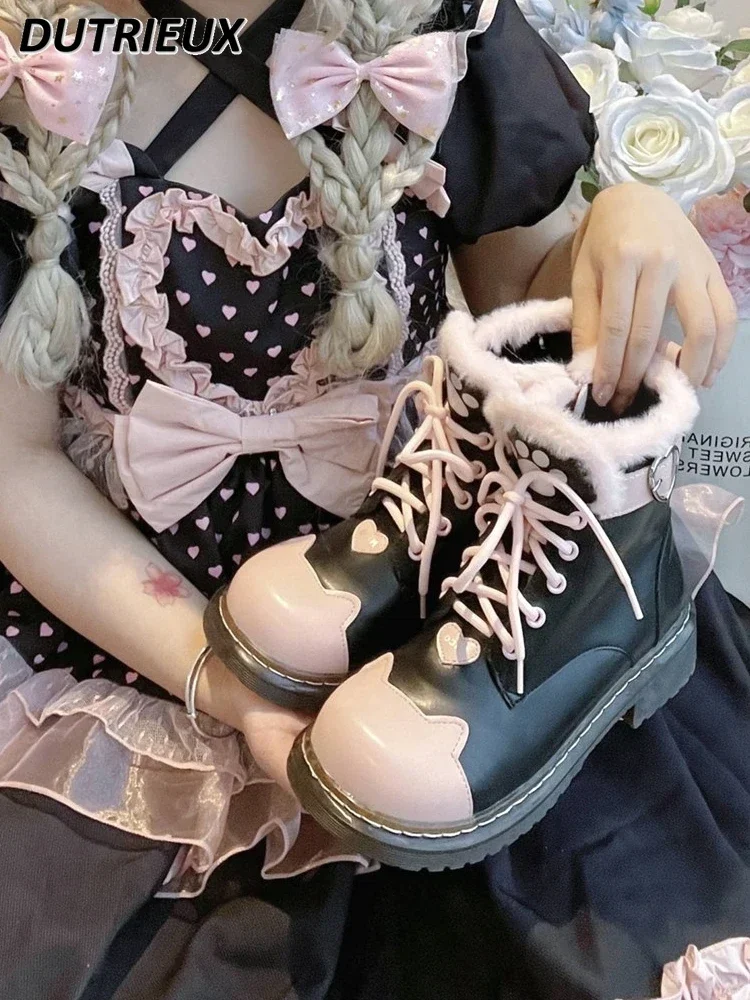Japanese Cute Lolita Snow Boots Women Warm Fleece Sweetheart Color Matching Round Toe Shoes for Girls Fall Winter Short Boots
