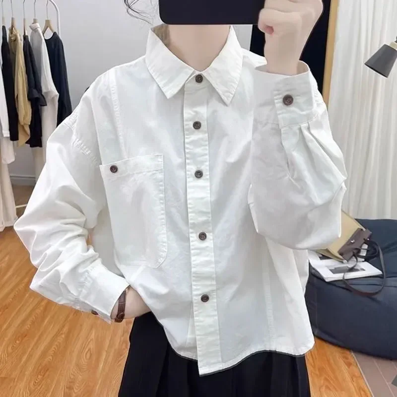 

Korean Leisure Women Long Sleeved Shirt Tops Spring Female Short Solid Color Cardigan Blouse New Ladies Loose Fit Fashion Tops