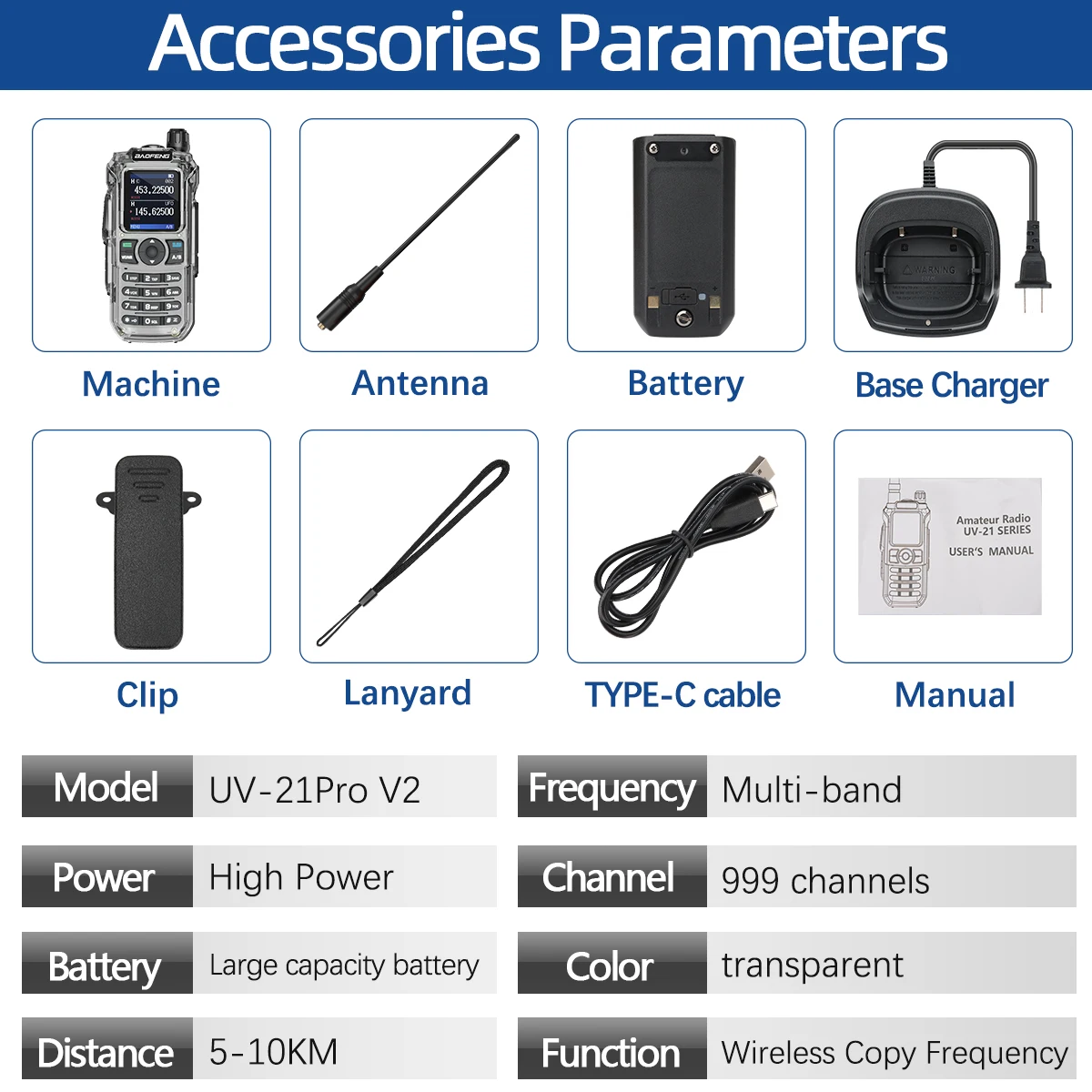 Baofeng UV-21 Pro Wireless Copy Frequency Walkie Talkie Long Range High Power Multi-Band Type-C Charger Ham Radio Upgrade V2