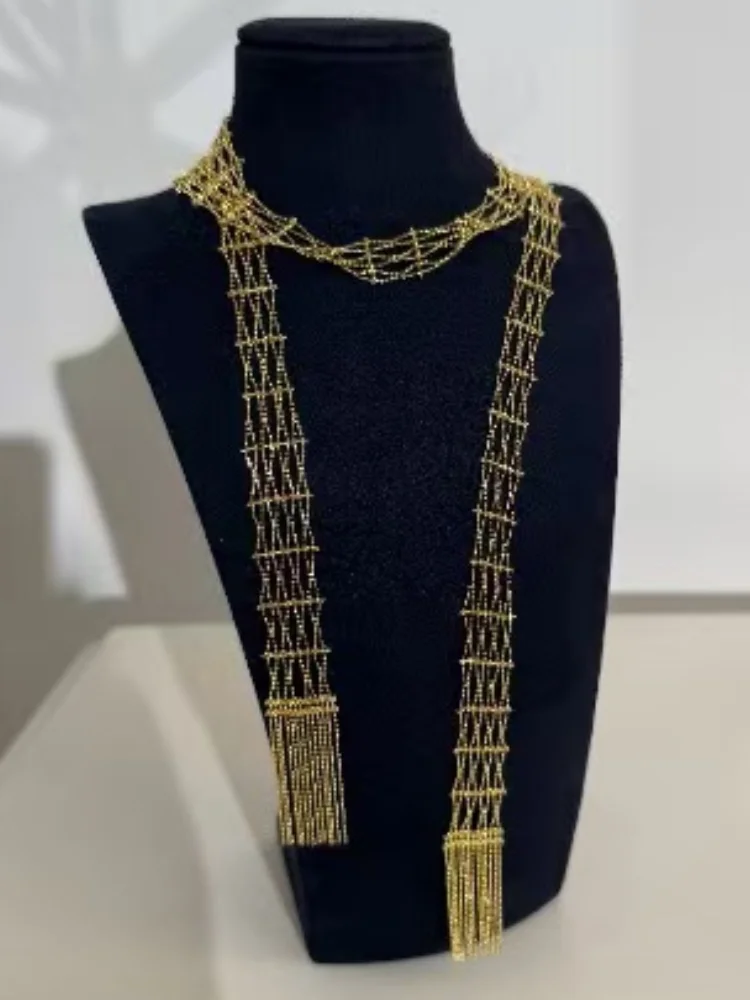 Bellux 925 Yellow K Gold-Plated Italian Style Handwoven Multiple Wearing Methods Long Sweater Chain Bracelet Necklace