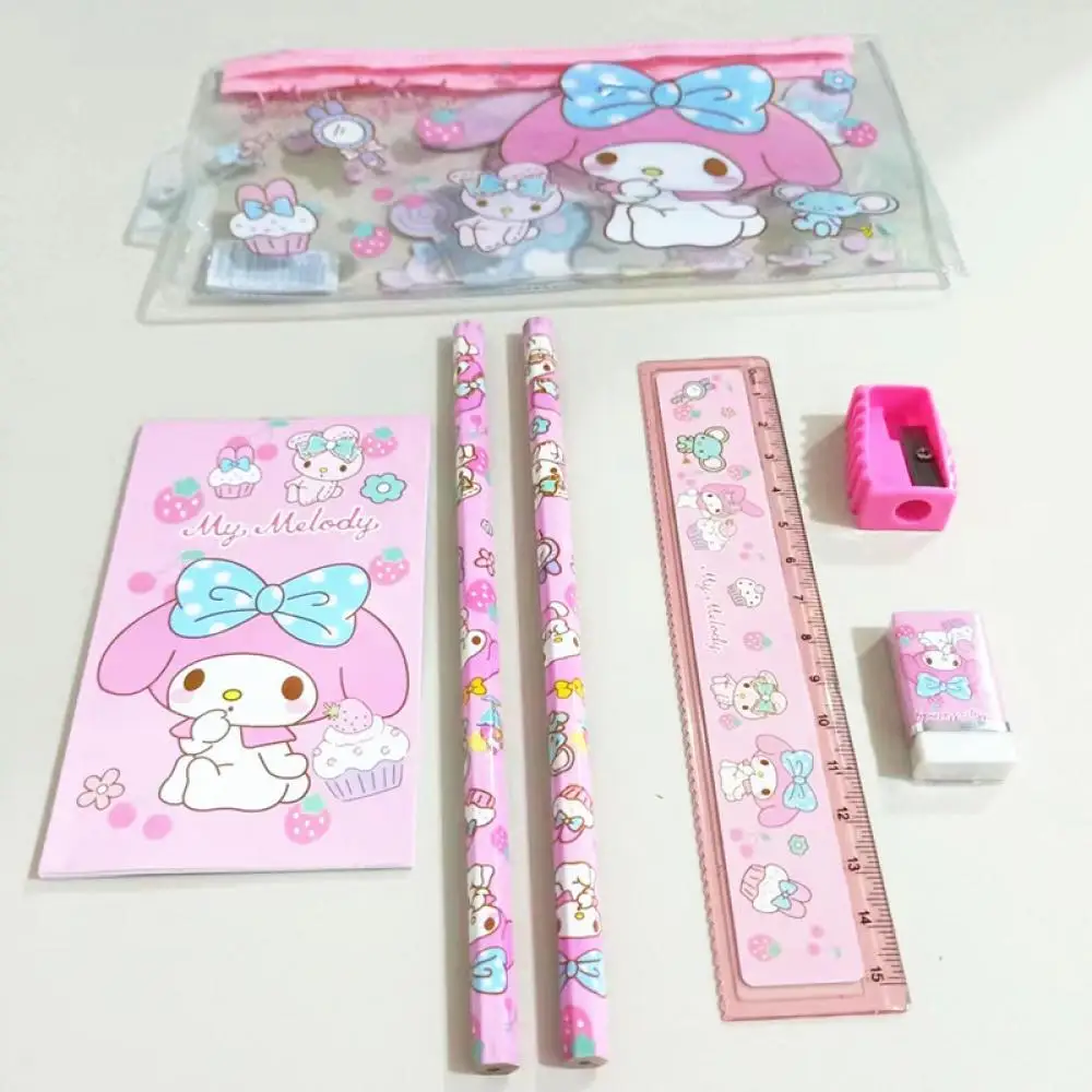 Juego de papelería de Anime Sanrio Melody Kuromi, Cinnamoroll, borrador de lápiz de dibujos animados, regla, bolsa de bolígrafo, juego de