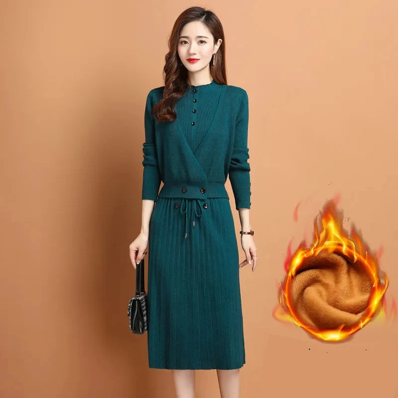 Thicken Velvet Lined Long Sleeve Knitwear Sweater Dresses Fake 2 Piece Knitted Dress Warm Winter Mid-length Elegant Vestidos