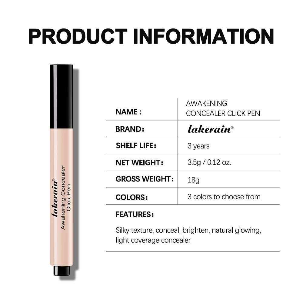レイクレイン アウェイクニング コンシーラー クリック ペン、プッシュ式ブラシ デザイン、軽量テクスチャー、目の下のクマを明るくして隠す