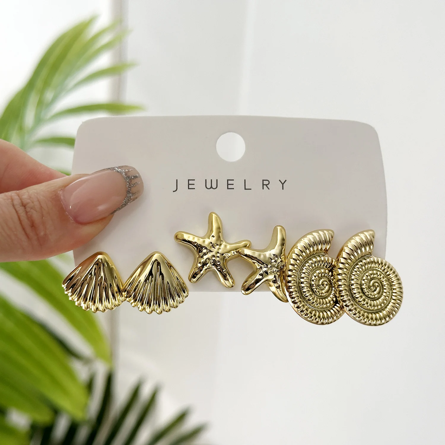 3 Pairs Gold Starfish Shell Stud Earrings for Women