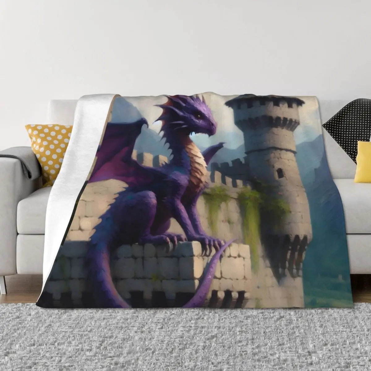 

Majestic Purple Dragon on Castle Rampart: Fantasy Art Throw Blanket anime Sofa Luxury for sofa Blankets