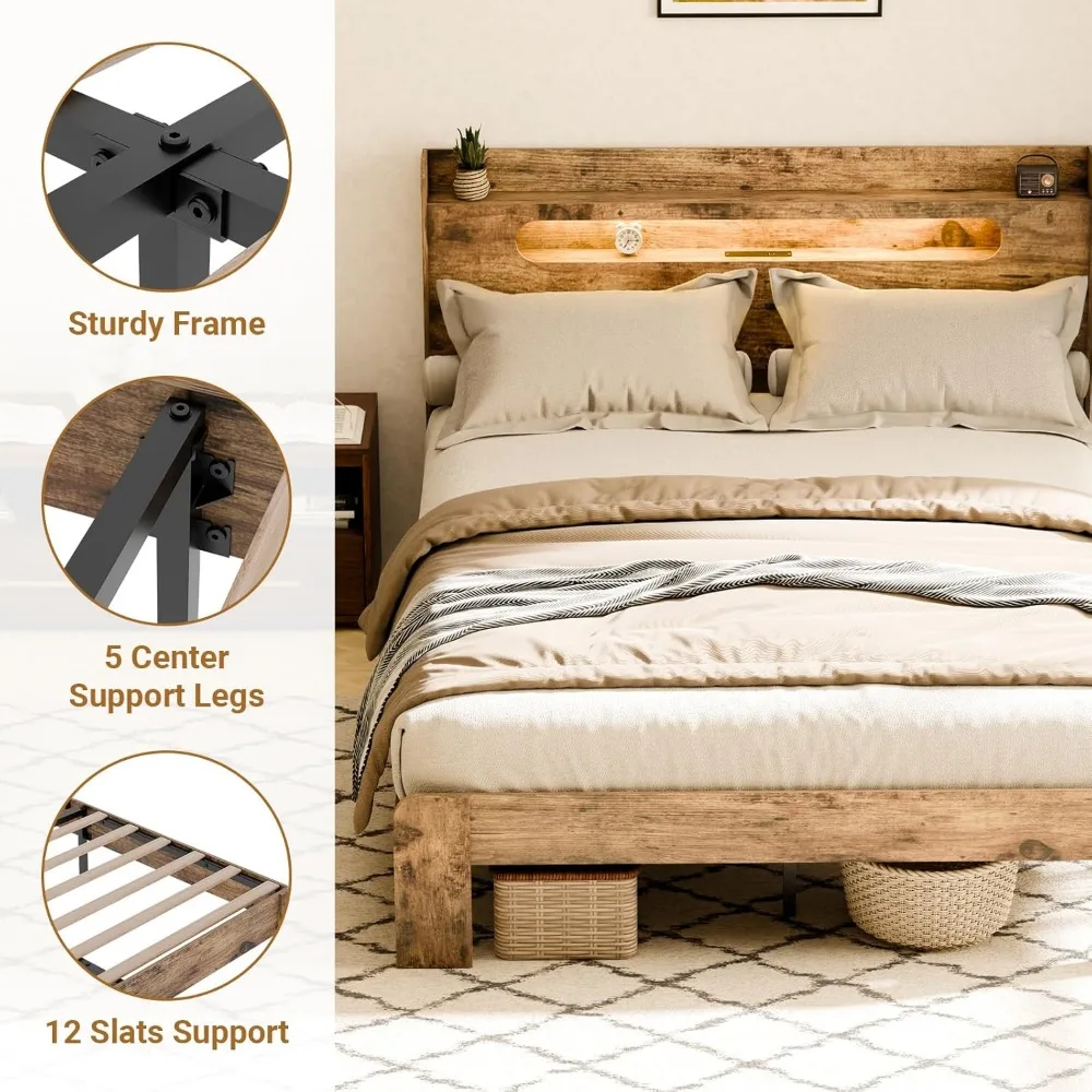 Bed Frame with LED Lights Headboard,Charging Station with 2 USB Ports 2 AC Outlets,Sturdy Wood Framework,Edge Rectangular Slot