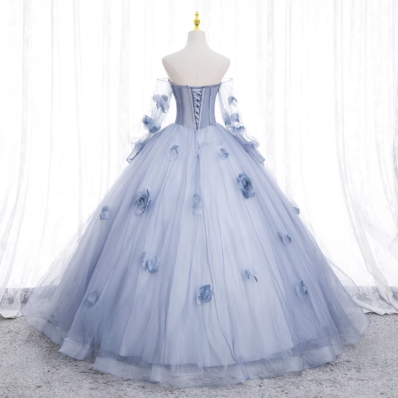 Gaun biru Quinceanera kain Tule applique bunga dapat dilepas tanpa lengan gaun bola tanpa tali porno De 15 aagos pesta Prom Vestidos