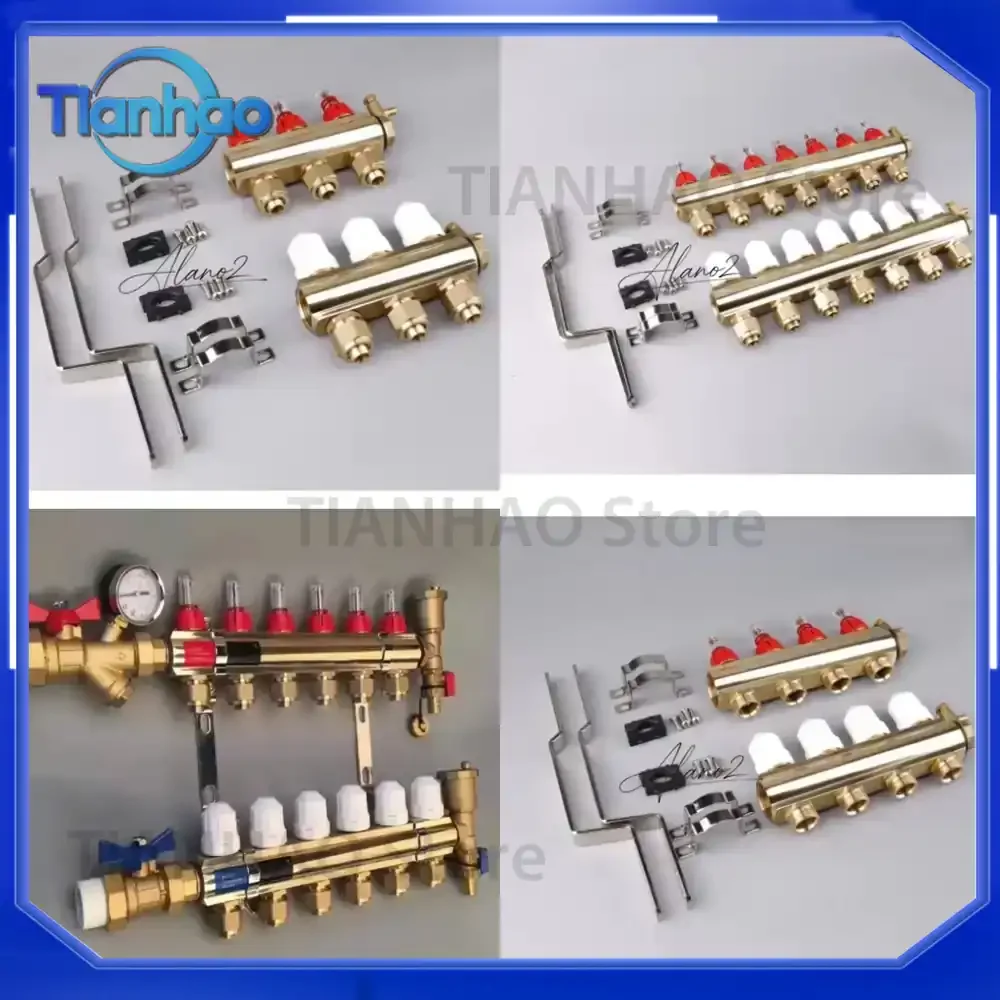 Brass Floor Heating Manifold with Visual Float Flow Meter and Adjustable Temperature Control for Radiant Heating Systems