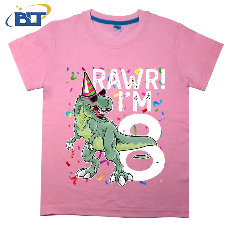 8 Year Old Birthday Gift Boy T Rex Dinosaur Printed kids T-shirt Summer Cotton Short Sleeve Casual Tops Boys Girls Unisex