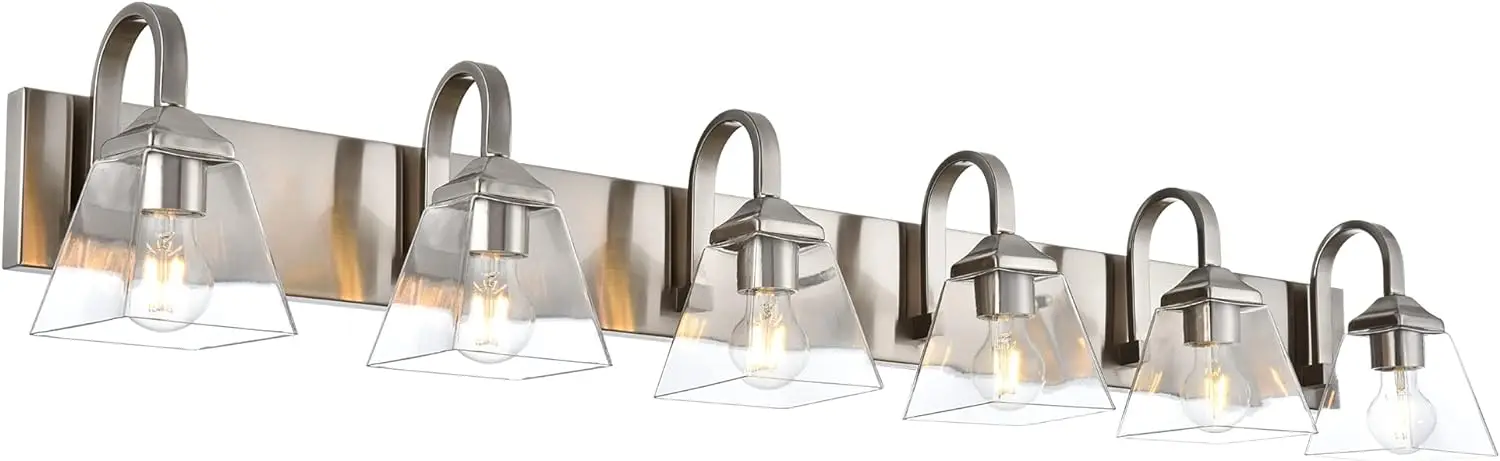 6 Light Bathroom Vanity Lights, Clear Glass Shades Sconces Wall Lighting Modern Brushed Nickel Vanity Lighting