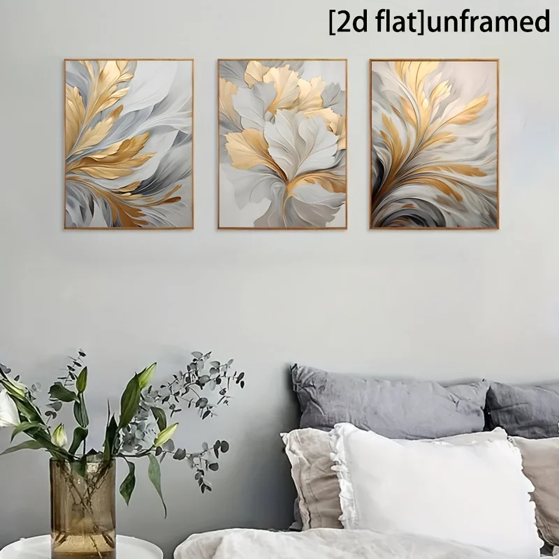 （Noframe 3PCS）-3pcs/ set Deluxe canvas printed poster, Golden and white leaf canvas wall art painting, living room bedroom ba