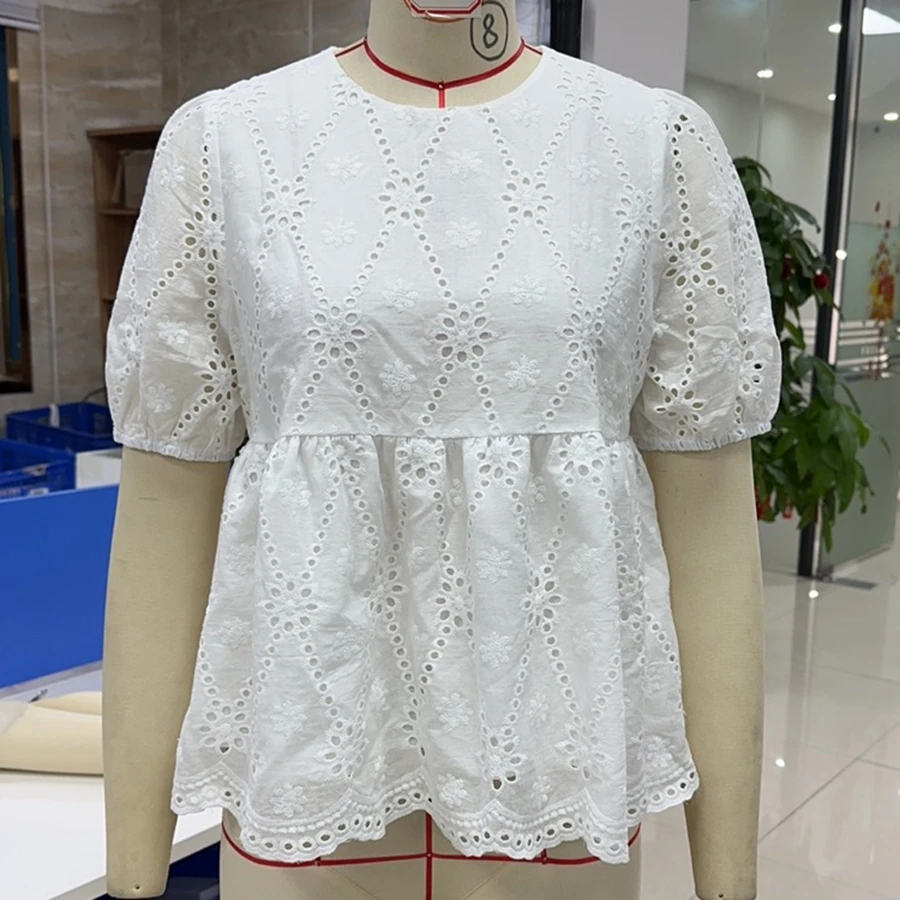 Women's Summer Soild Color Baby Doll Blouses Casual Stylish Embroidered Loose Hem Hollow Out Short Sleeve Tops