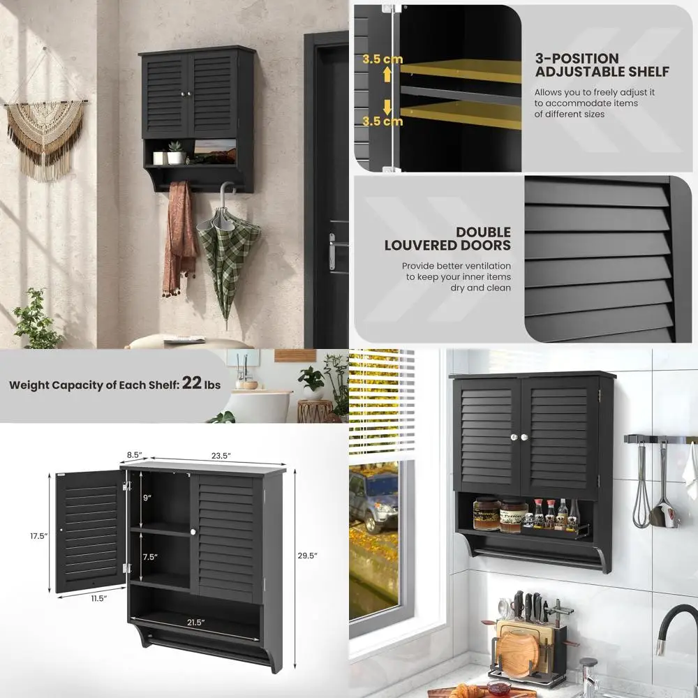 

Double Door Wall-Mounted Cabinet with Shelf & Towel Bar, Space-Saving Over Toilet Storage for Living & Kitchen Areas (Black)