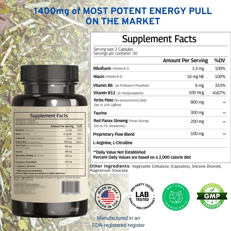 Yerba Mate, Taurine capsules - caffeine and energy supplements * enhanced ginseng, vitamin B complex, L-arginine -60 capsules