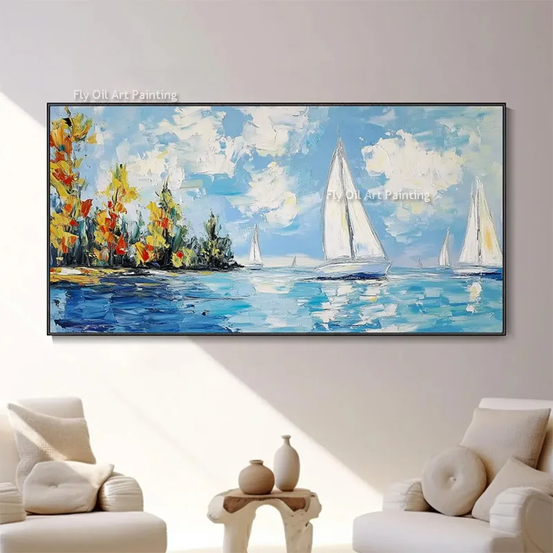 Handmade Large Blue Seaside Landscape Thick Oil Painting Modern Blue Sea Mountains Views Wall Art For Living Room Decor As Gifts