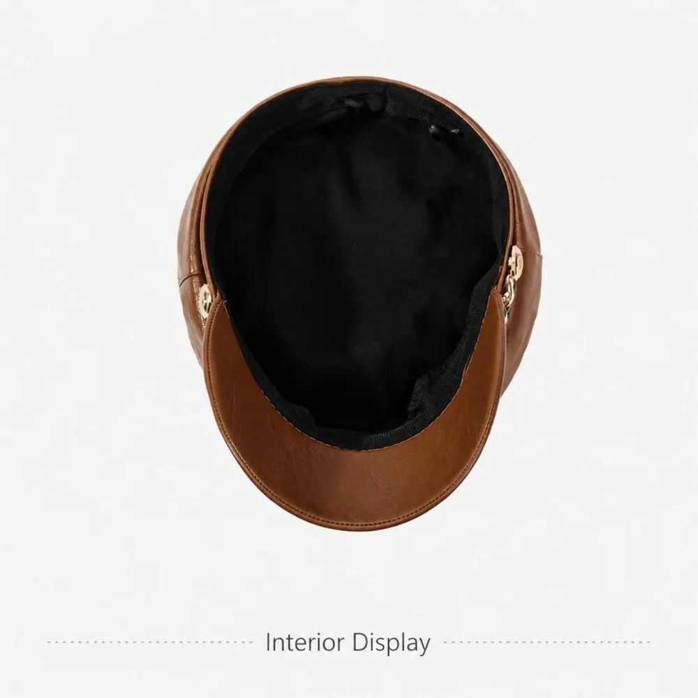 Retro PU Leather Newsboy Cap Chain Decor Adjustable Strap Flat Top Cap Solid Color Short Brim Baker Boy Cap Casual Street Wear