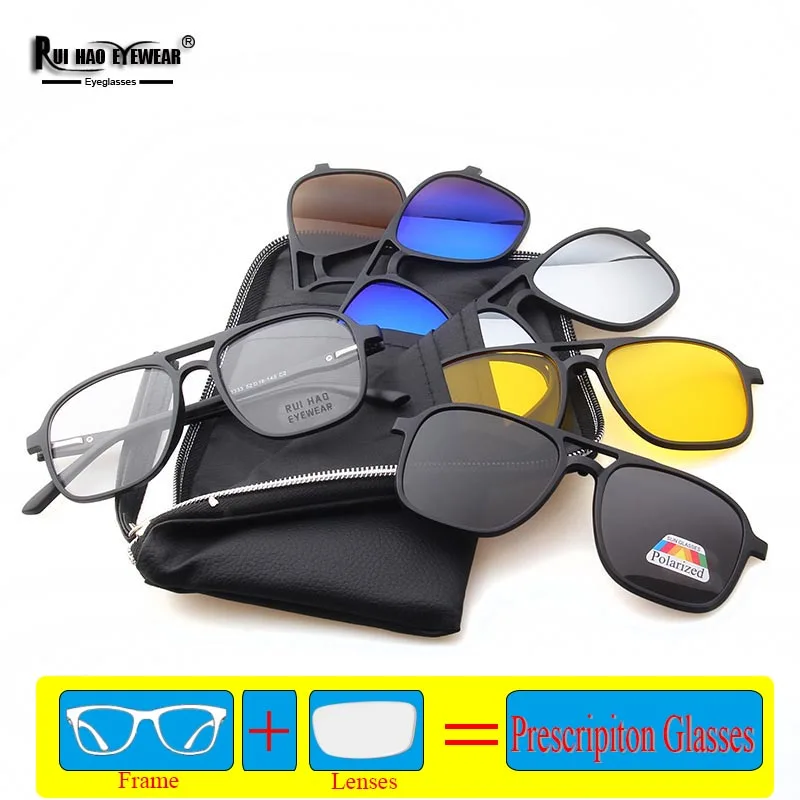 Double Beam Eyeglasses With 5PCS Clip on Sunglasses Customize Prescription Glasses Men Recipe Eyewear Fill Resin Lenses 2333