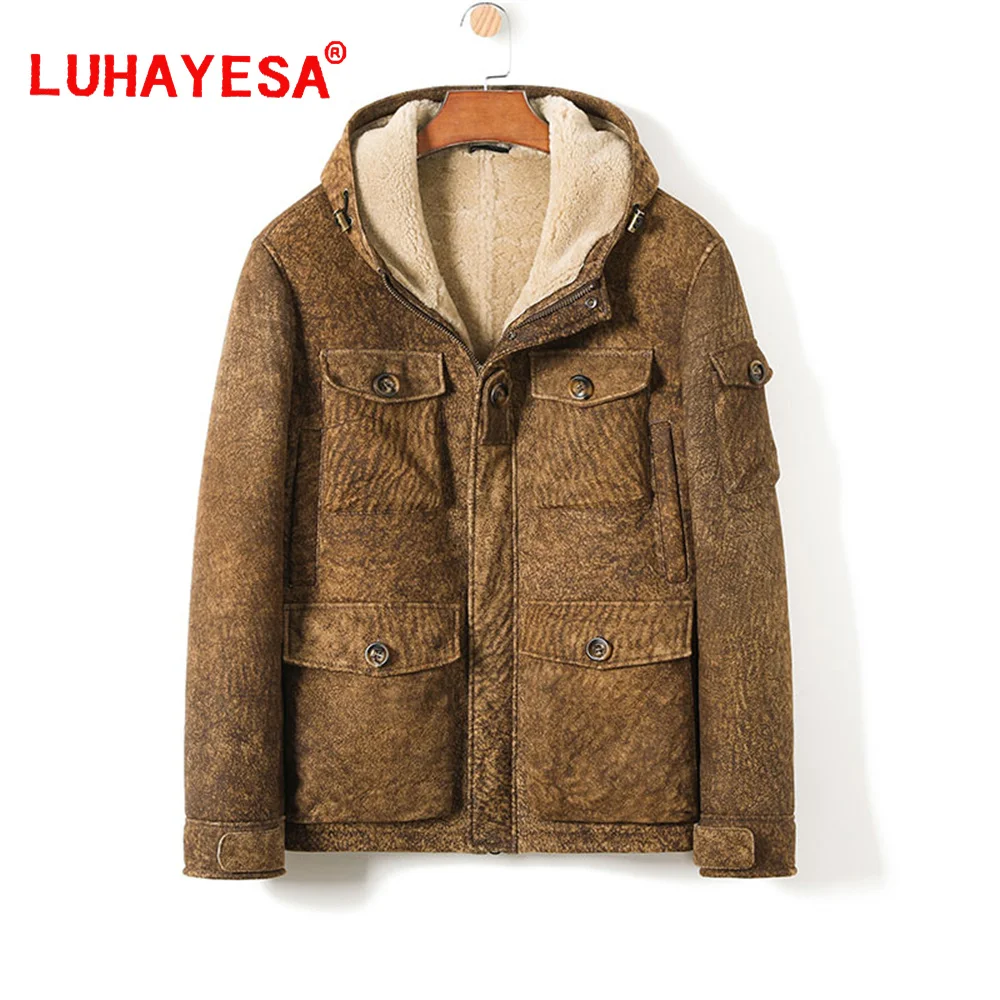 

2023 Merino Sheepskin Fur Shearling Clothing Men Winter Hooded Brown Camel Color Natural Fur Shearling Jackets