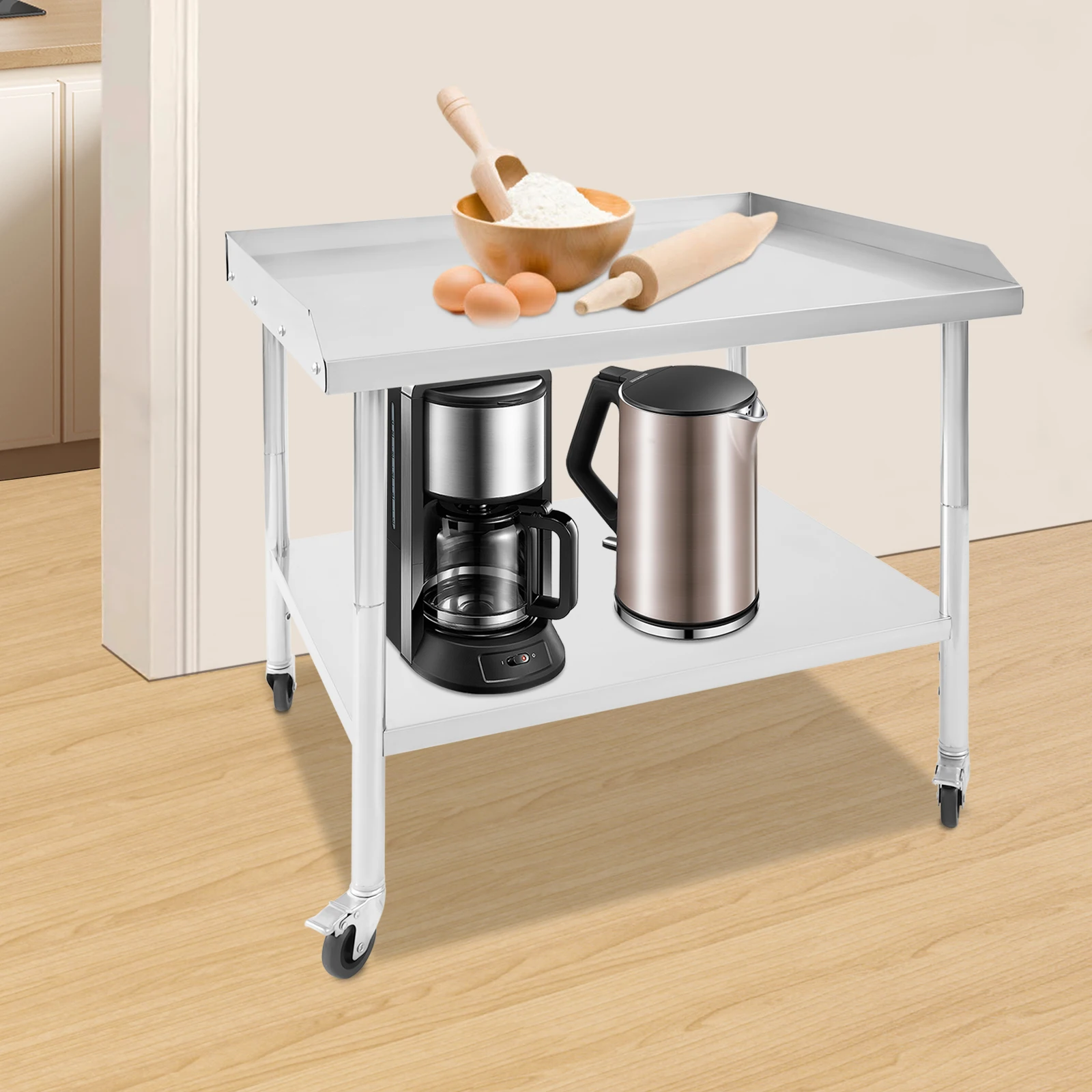 Mesa de trabalho moderna prateada de 2 camadas, 91*76*76cm, mesa de trabalho de aço inoxidável, mesa de preparação comercial de chão com 4 rodas