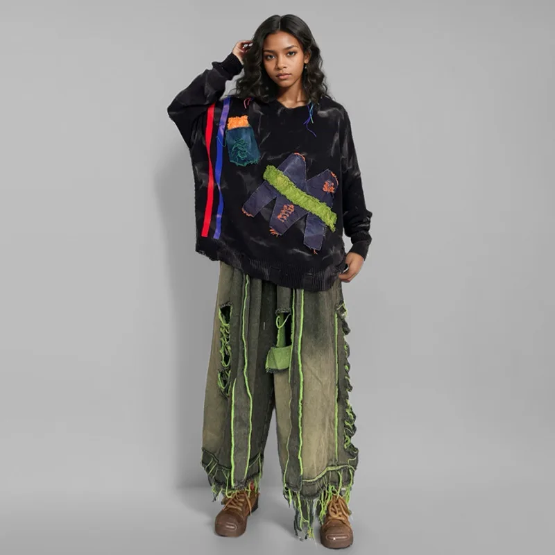 WTHT Vintage Trendy Women's Colorful Edge Tassel Design Hole Loose Jeans 2024 Winter Straight Denim Pants Female 1LS632